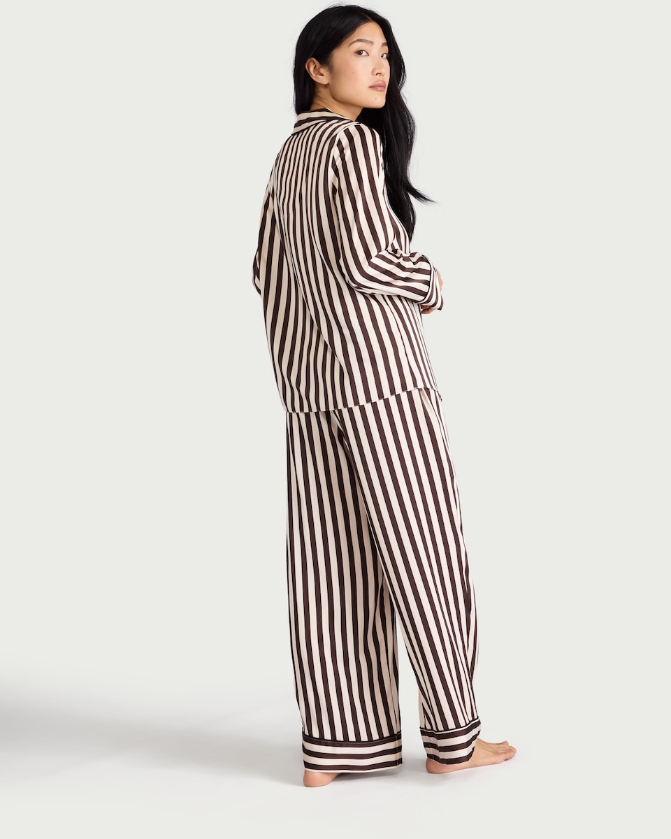 image 1 of F&F 2-Piece CoolEase™ Satin Striped Revere Pyjama Set in Multi Brown