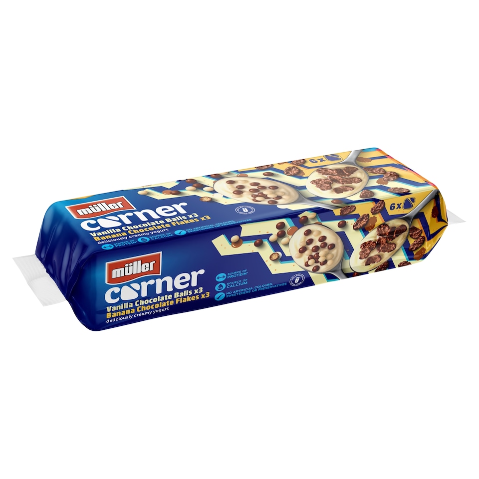 image 1 of Muller Corner Vanilla & Banana Yogurts with Chocolate Balls & Flakes 6 x 124g