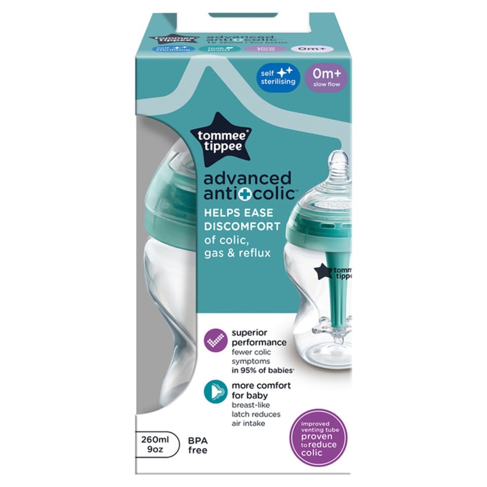 image 1 of Tommee Tippee Baby Bottles, Advanced Anti-Colic Baby Bottle, Slow Flow, 260ml, 0m+, Pack of 1