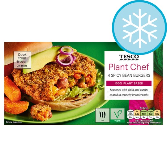 Tesco Plant Chef 4 Spicy Bean Burgers 454G Tesco Groceries
