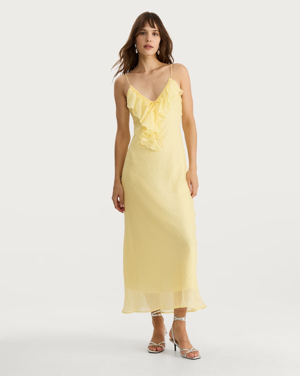 image 1 of F&F V Neck Ruffle Front Strappy Midi Dress in Yellow