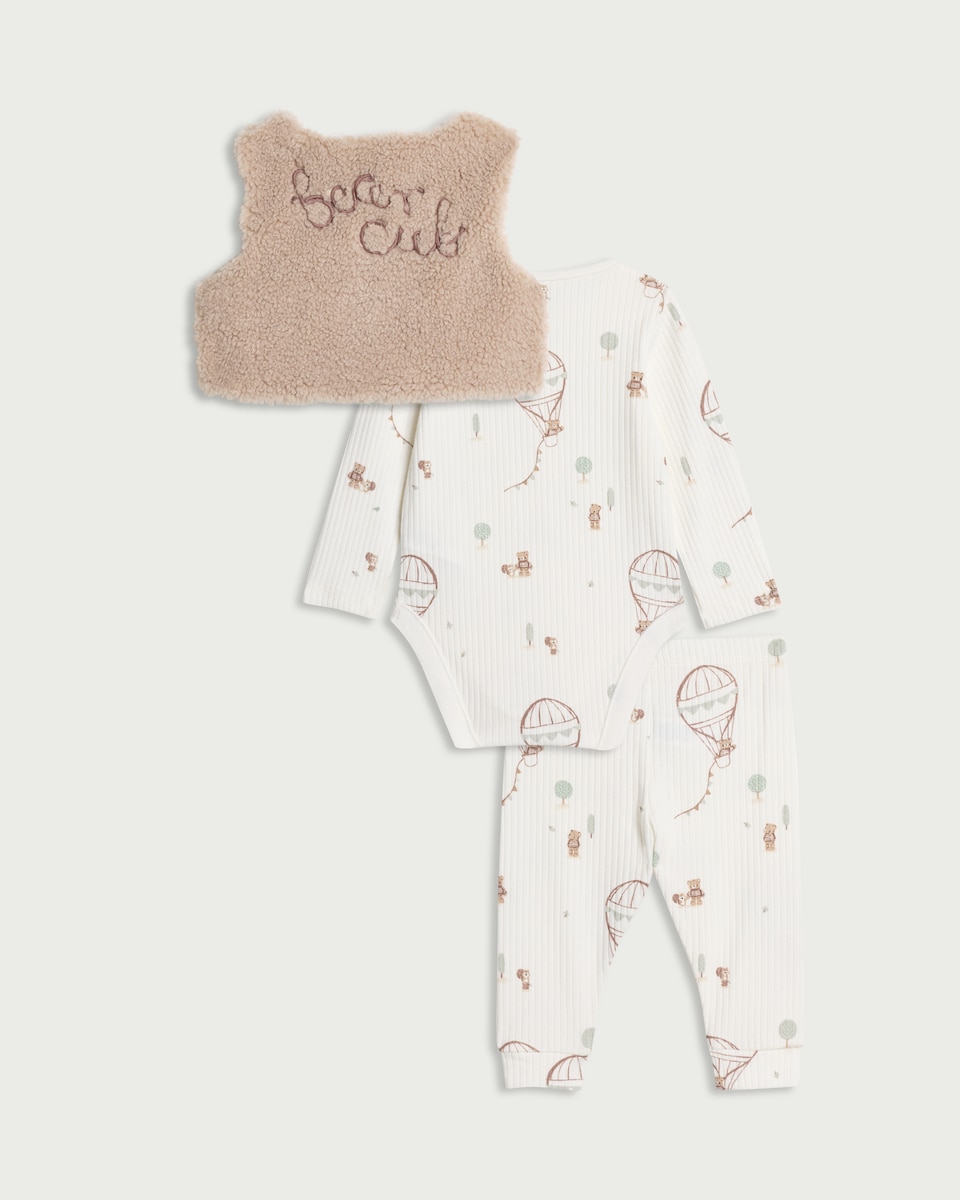 image 1 of F&F Baby 3-Piece Cotton Rich Printed Gilet, Bodysuit and Leggings Set in White