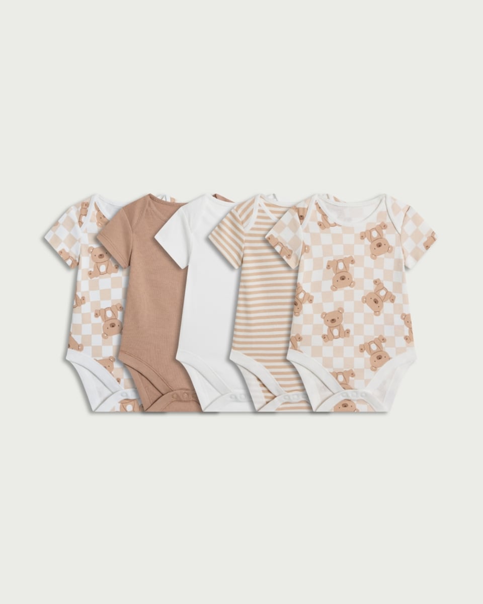 image 1 of F&F Baby 5-Pack Pure Cotton Bear Printed Bodysuits in Neutral
