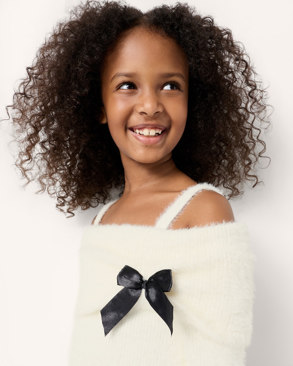 image 1 of F&F Girls Bardot Bow Jumper in Cream