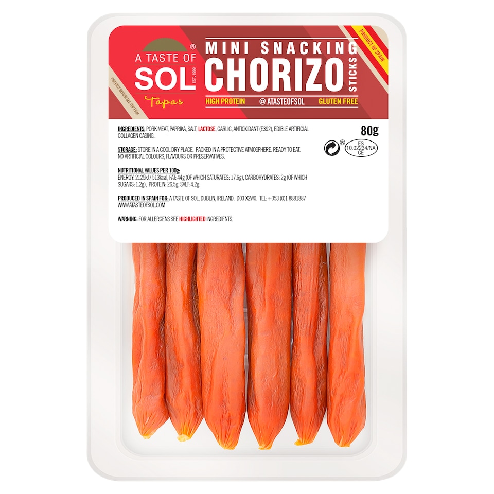 A TASTE OF SOL MINI SNACKING CHORIZO STICKS 80g