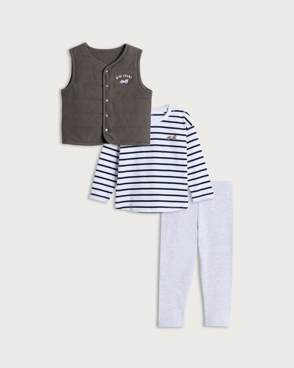 image 1 of F&F Baby 3-Piece Cotton Rich Mini Champ Gilet, Top and Leggings Set in Grey