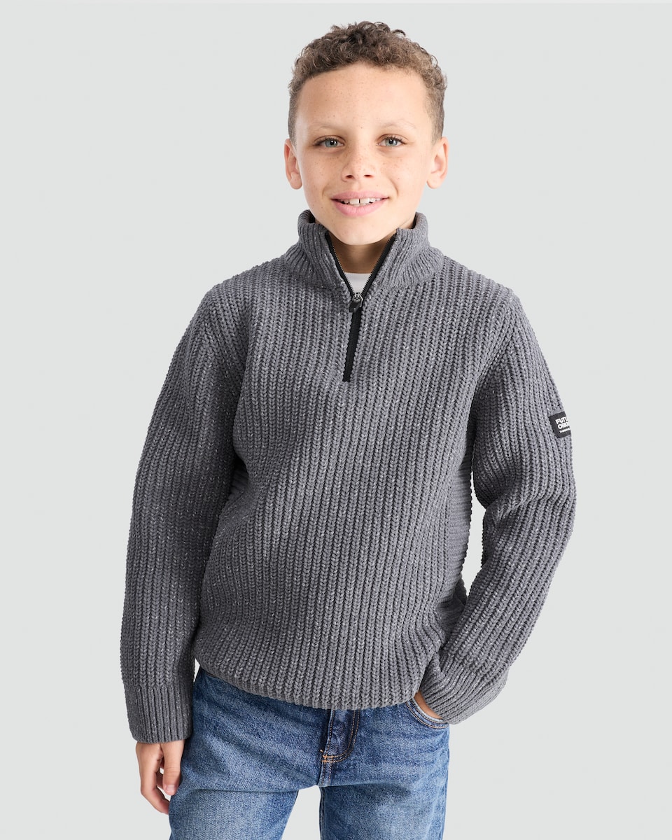 image 1 of F&F Boys Chenille Half-Zip Knitted Jumper in Khaki