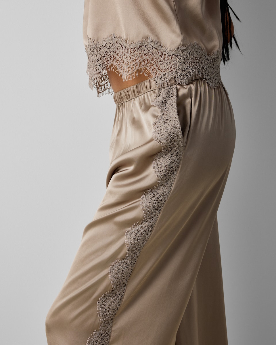 image 1 of F&F Satin Lace Trim Pyjama Set in Mink