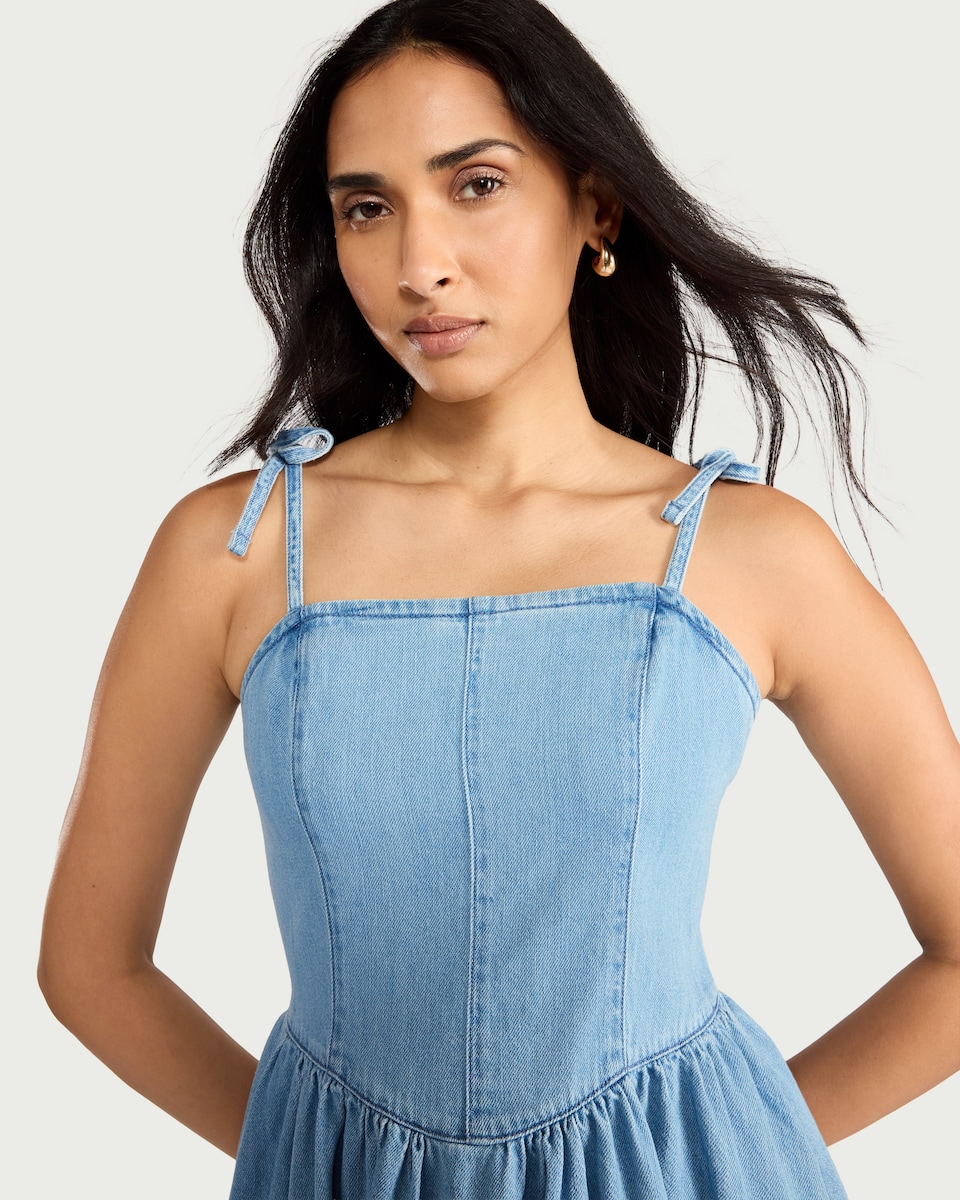 image 1 of F&F Pure Cotton Denim Tie Strap Mini Dress in Blue