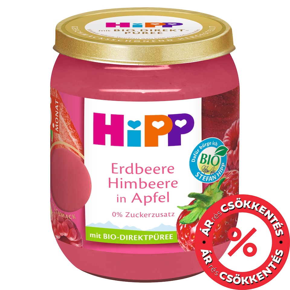 HiPP bio gyümölcskészítmény alma eperrel és málnával bébidesszert 5 hónapos kortól 160 g 1. kép