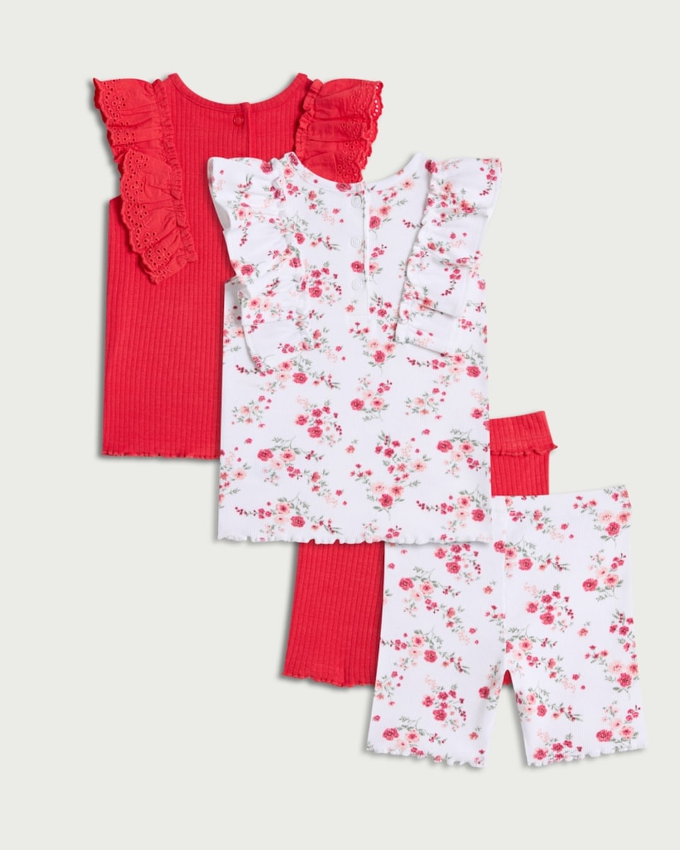 image 1 of F&F Baby 2-Pack Cotton Rich Frill Top and Cycling Shorts Set in Red