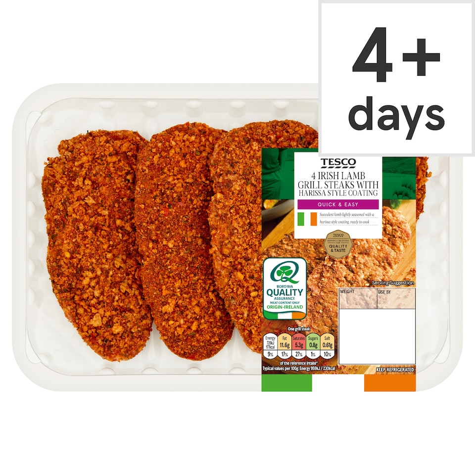 Tesco 4 Irish Lamb Grill Steaks with Harissa Style Coating 440g