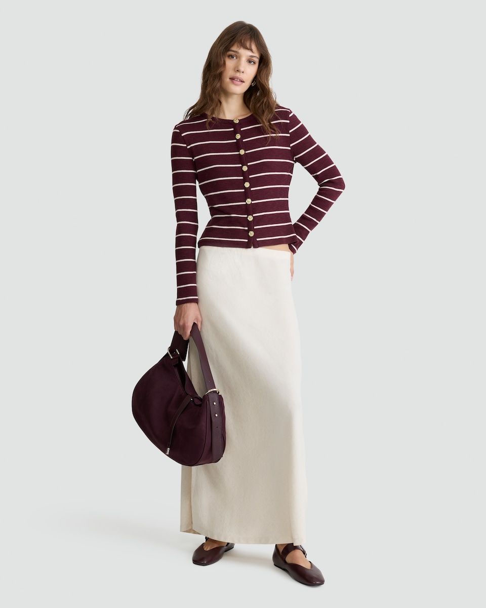 image 1 of F&F Cotton Blend Ribbed Stripe Print Button Through Top in Burgundy