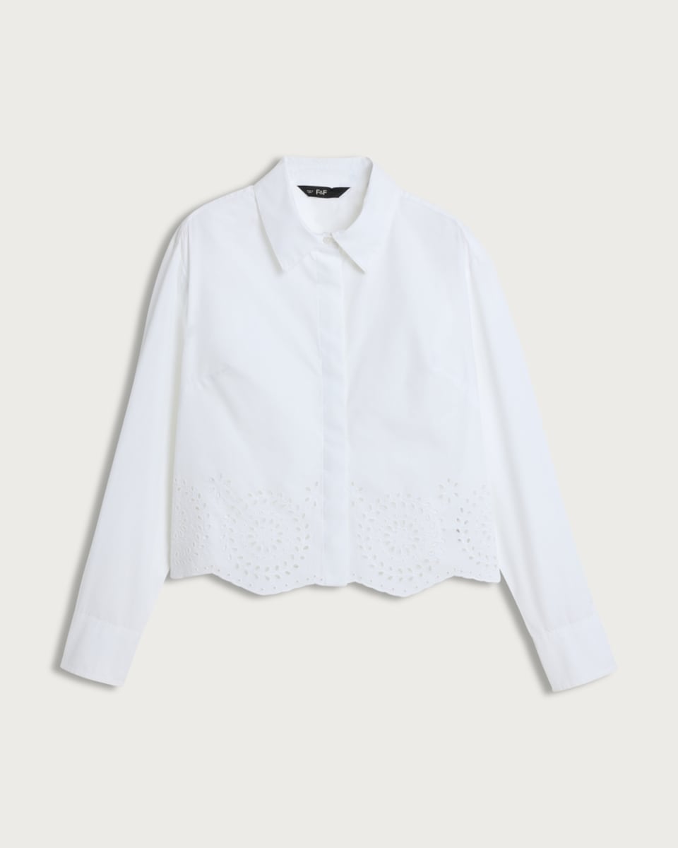 image 1 of F&F Pure Cotton Poplin Broderie Scalloped Hem Shirt in White