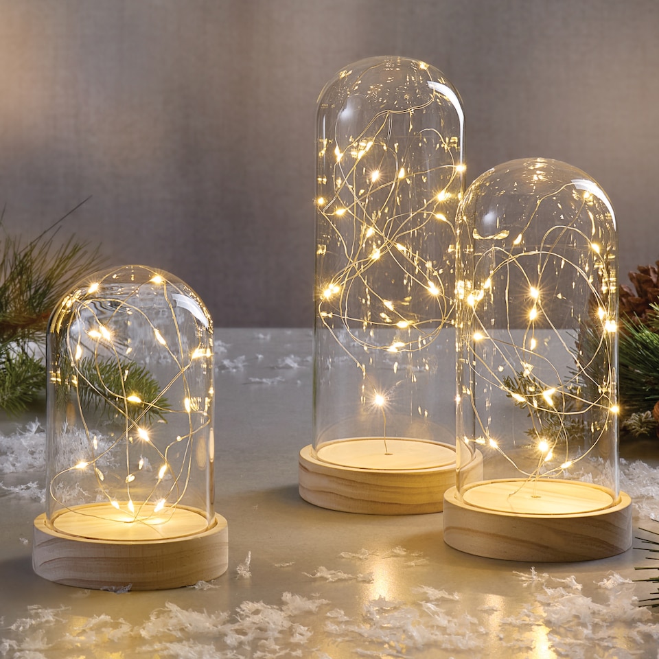 image 1 of Christmas Workshop Glass Dome Jars with Fairy String Lights Set Of 3