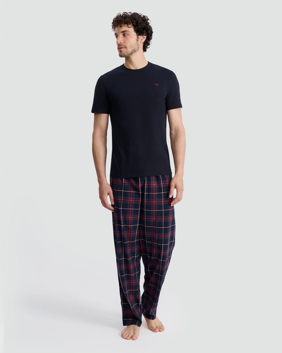 image 1 of F&F Stag Embroidered T-Shirt and Check Long Pants Pyjamas in Multi