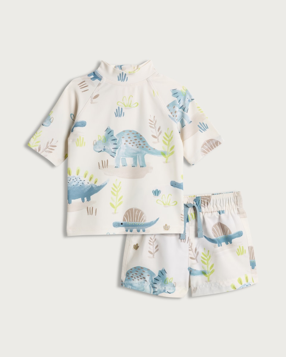 image 1 of F&F Baby 2-Piece Dinosaur Print Rash Vest and Swim Shorts Set in Multi