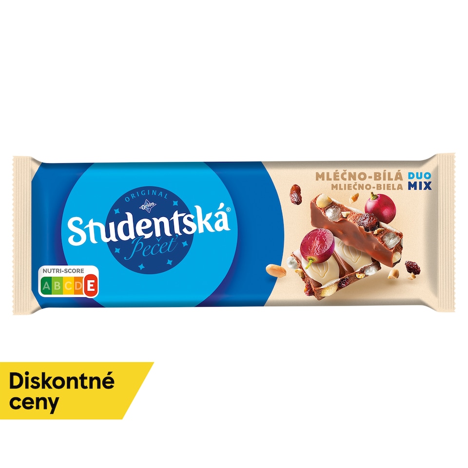 ORION Študentská pečať Mliečna a biela čokoláda s arašidmi, hrozienkami a želé 90 g