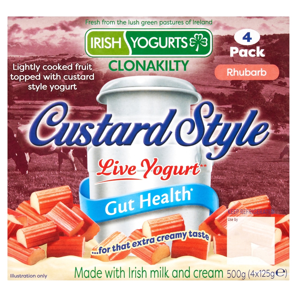 IRISH YOGURTS Clonakilty Custard Style live yogurt gut health Rhubarb 4 X 125g.