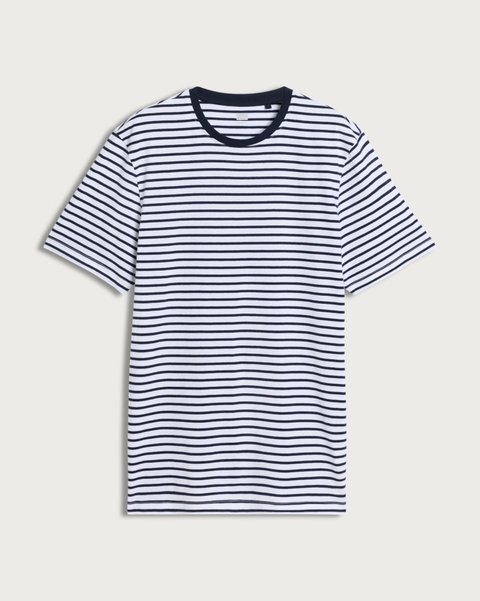 image 1 of F&F Pure Cotton Stripe Print Short Sleeved Slim Fit T-Shirt in White