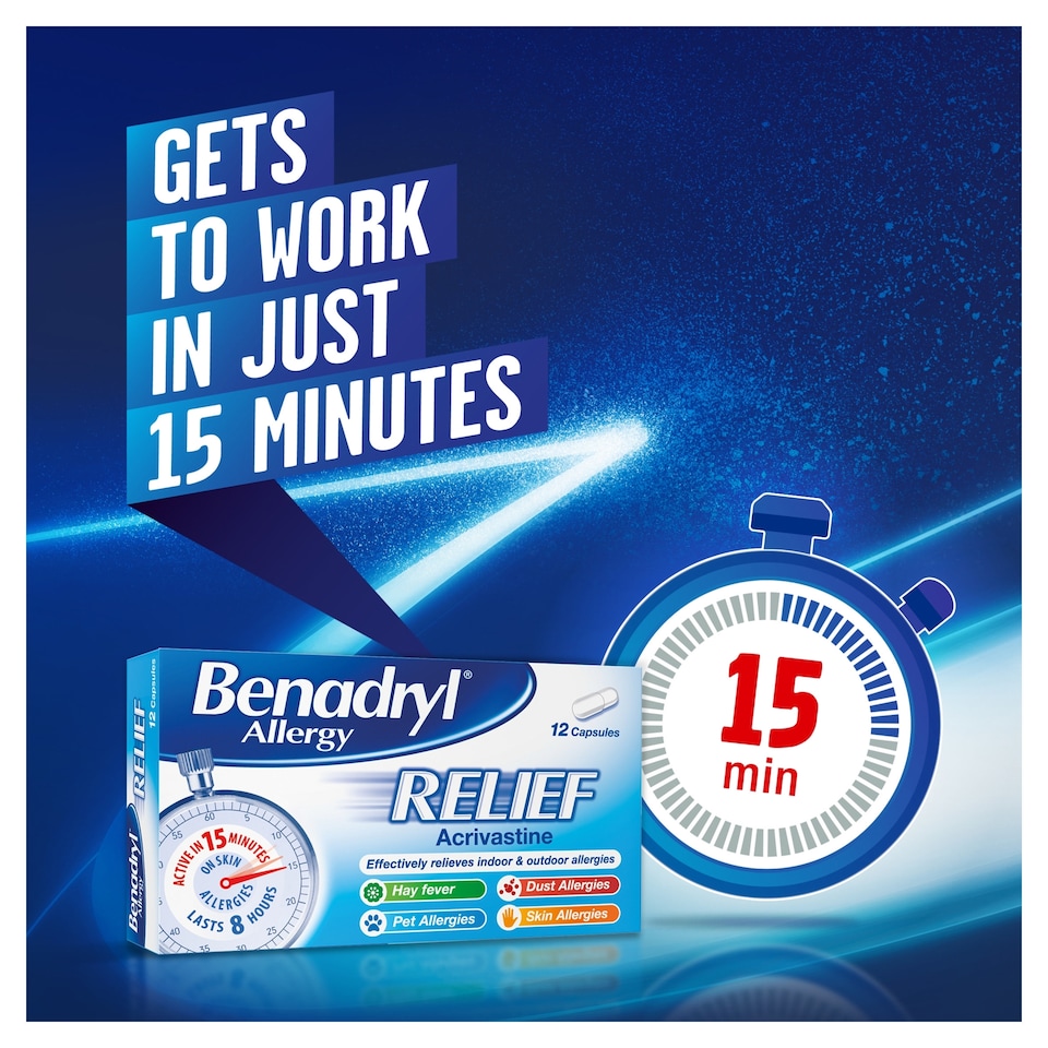 image 1 of Benadryl Allergy Relief Fast-Acting Antihistamine Hayfever 24 Capsules