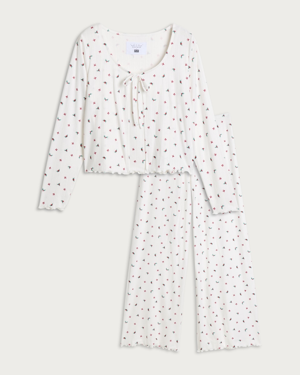 image 1 of F&F 3-Piece Holly Print Tie Front Cardigan, Cami and Bottoms Pyjamas in Cream