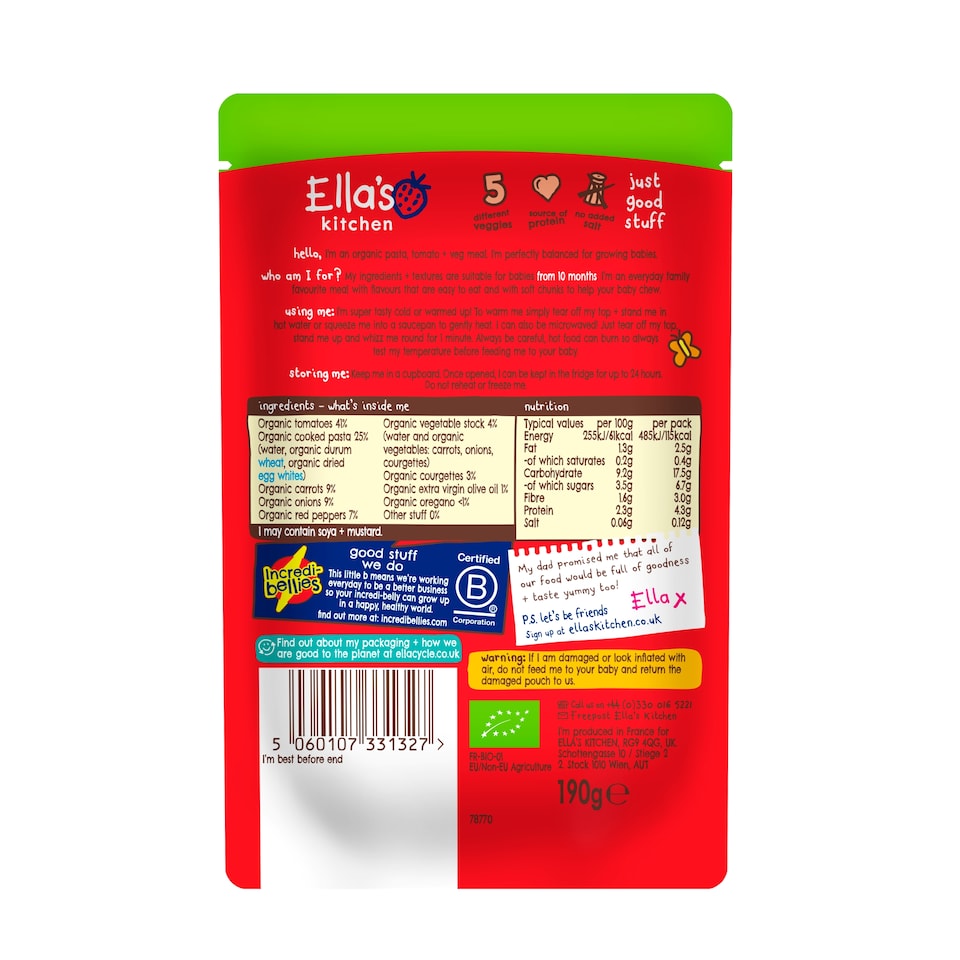 image 1 of Ella's Kitchen Organic Tomato Pasta With Vegetables 190G