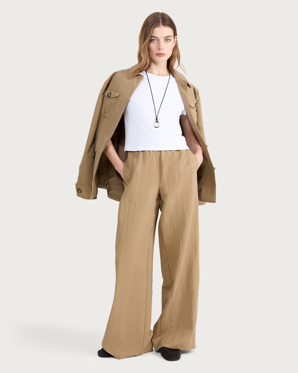image 1 of The F&F Edit Lyocell Rich Twill Textured Super Wide Leg Co-ord Trousers in Beige