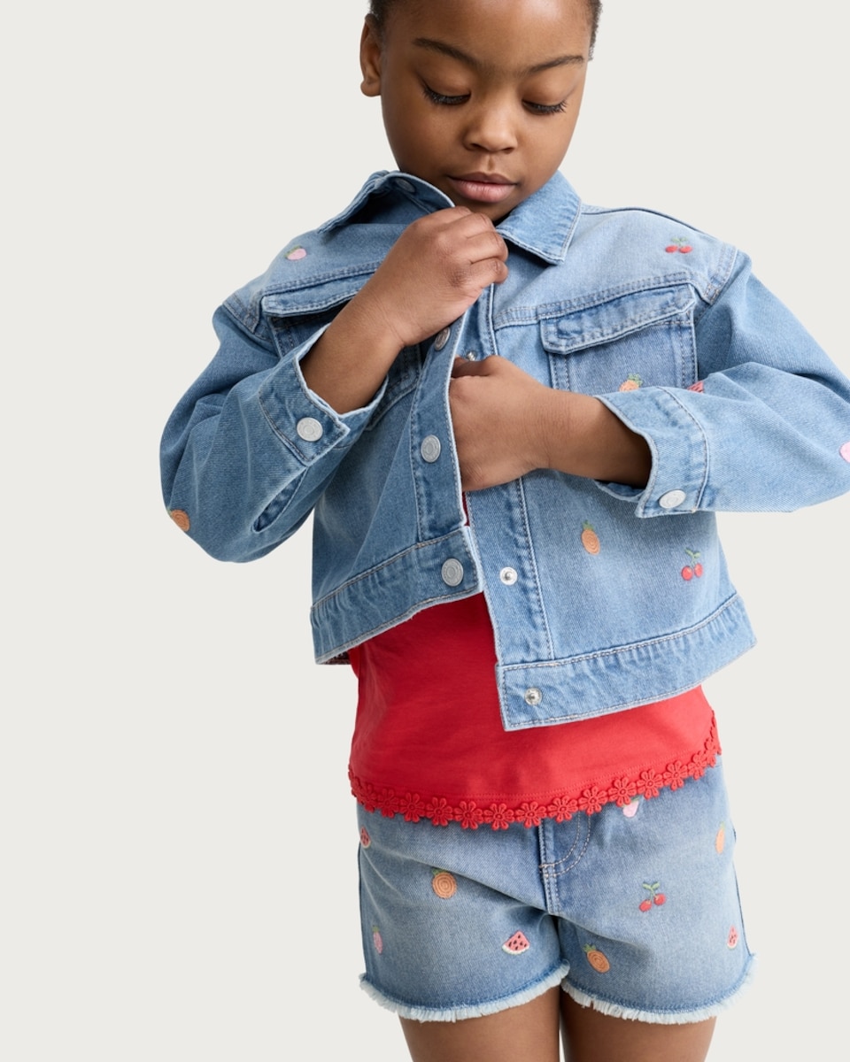 image 1 of F&F Girls Pure Cotton Embroidered Shorts in Blue