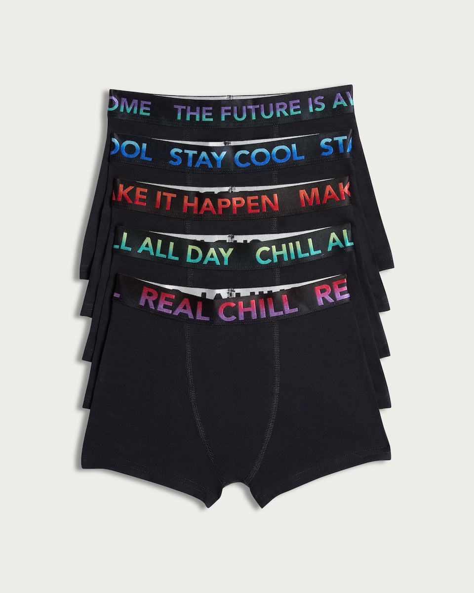 image 1 of F&F Boys 5-Pack Cotton Rich Slogan Waistband Trunks in Multi