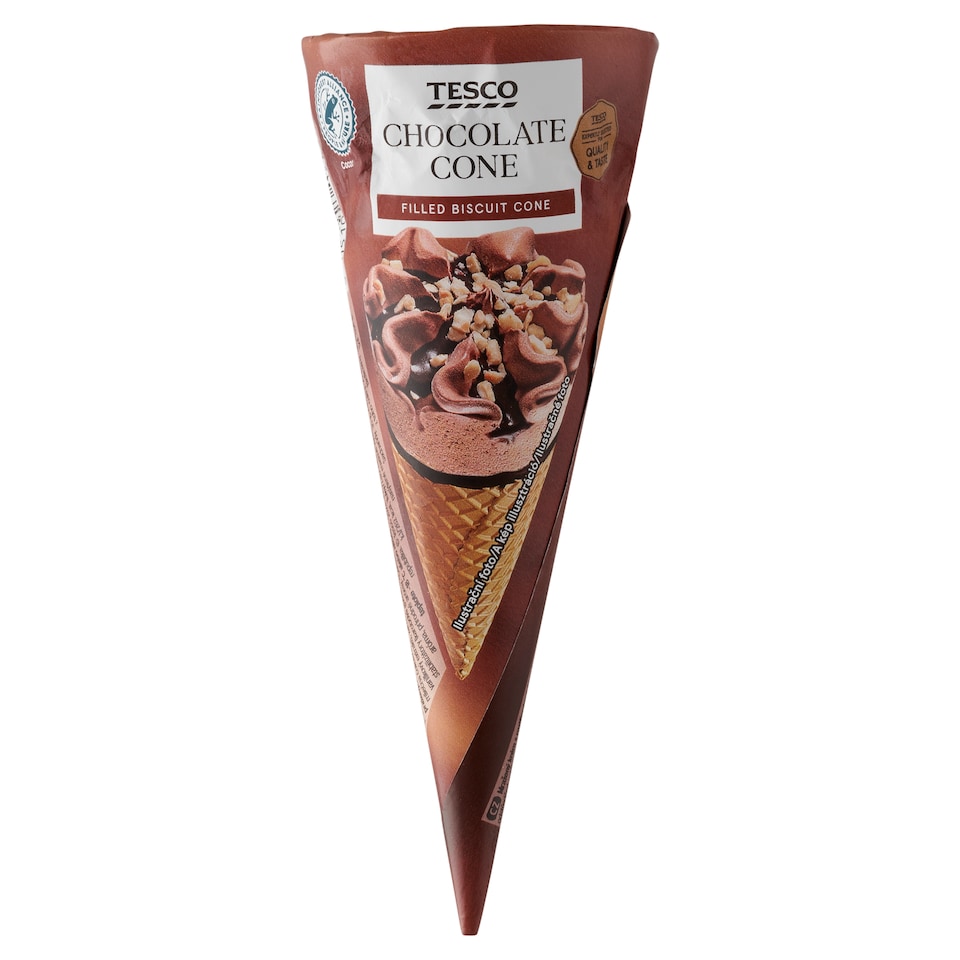 Tesco csokoládés jégkrém csokoládéízű öntettel kakaós bevonóval bevont ostyatölcsérben 120 ml