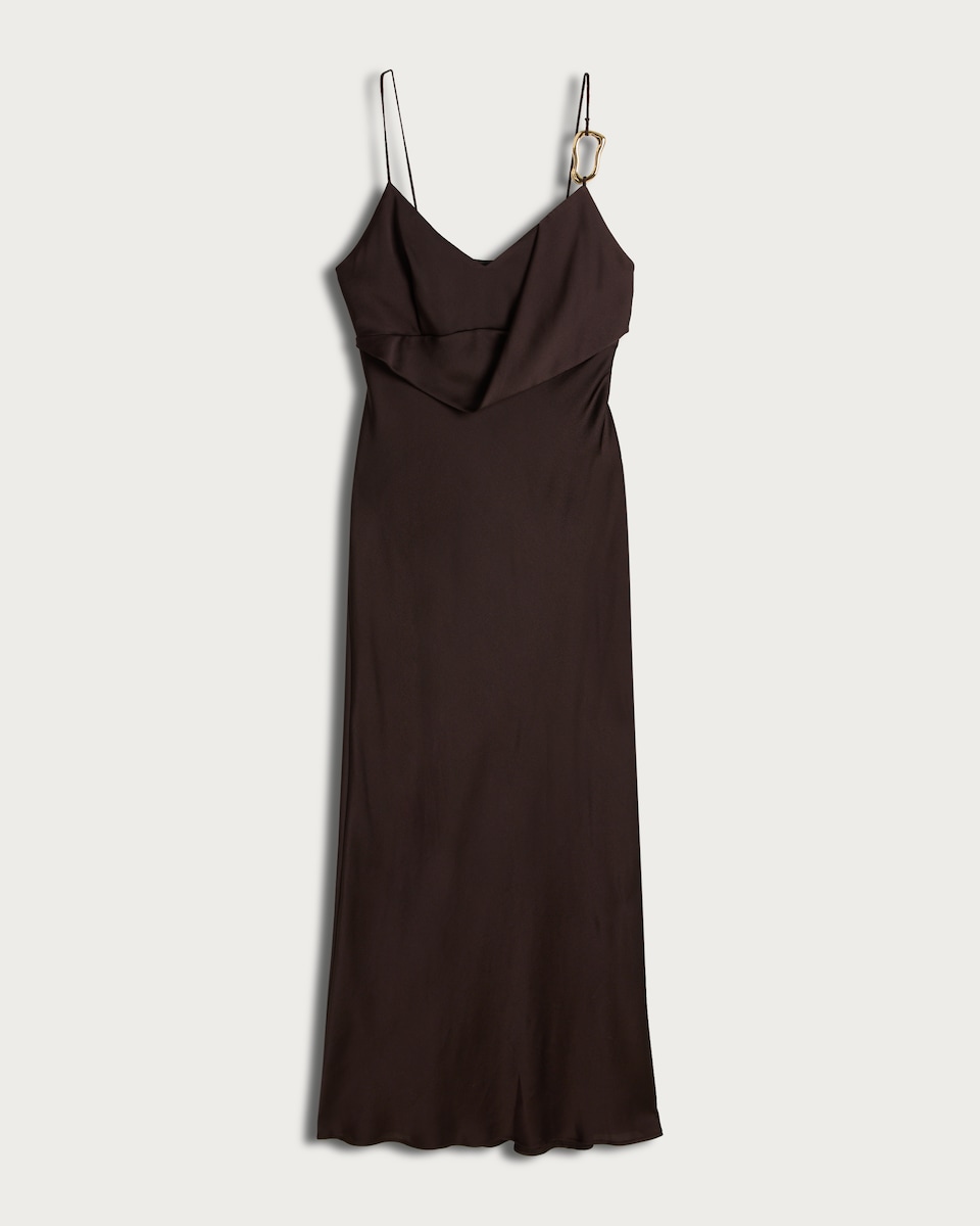 image 1 of F&F Gold Trim Strappy Midi Dress in Chocolate
