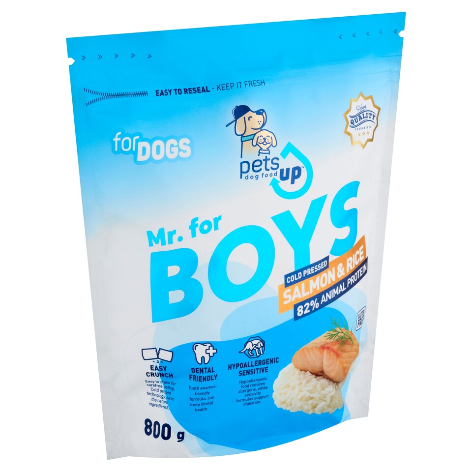 PetsUp Mr. for Boys érzékeny kutyák igényeihez igazodó lazac és rizs alapú prémium kutyatáp 800 g  1. kép