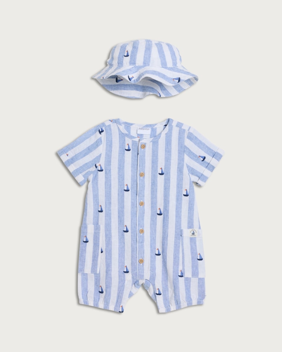 F&F Baby 2-Piece Linen Blend Striped Romper and Hat Set in Blue