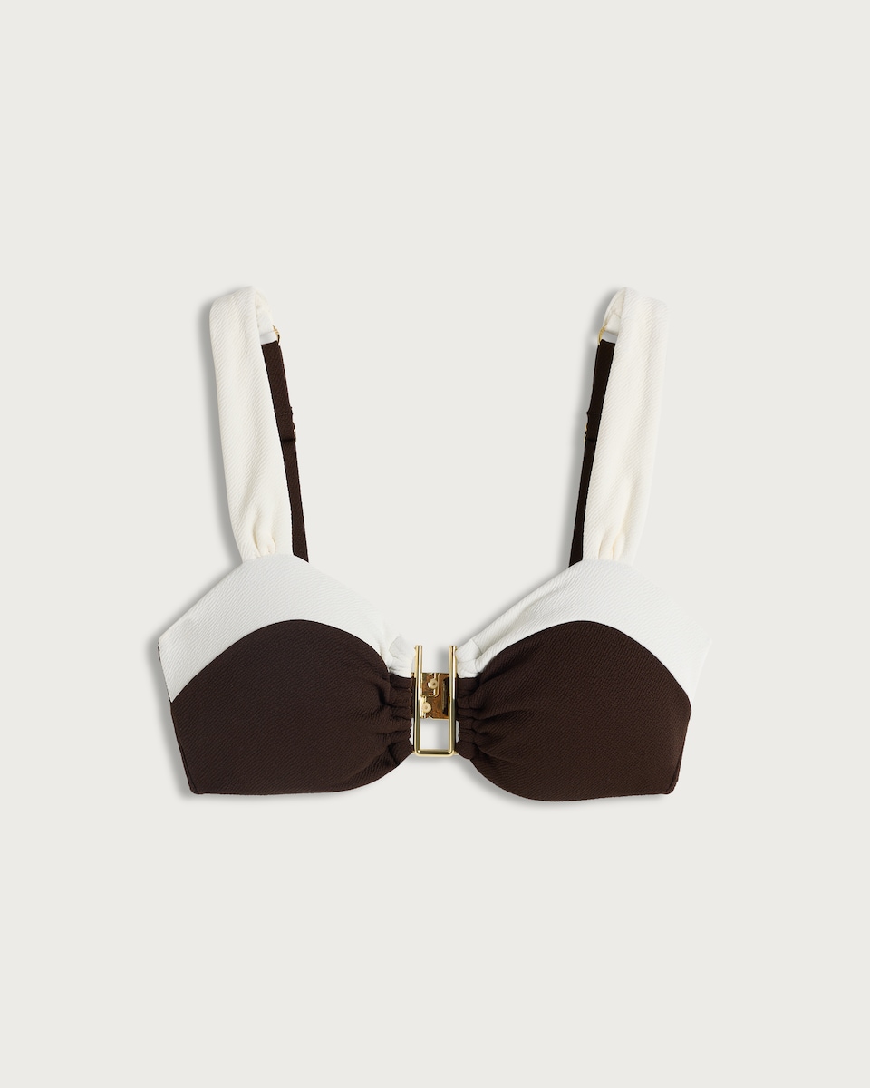 image 1 of F&F Textured Contrast Trim Metal Accent Bikini Top in Brown