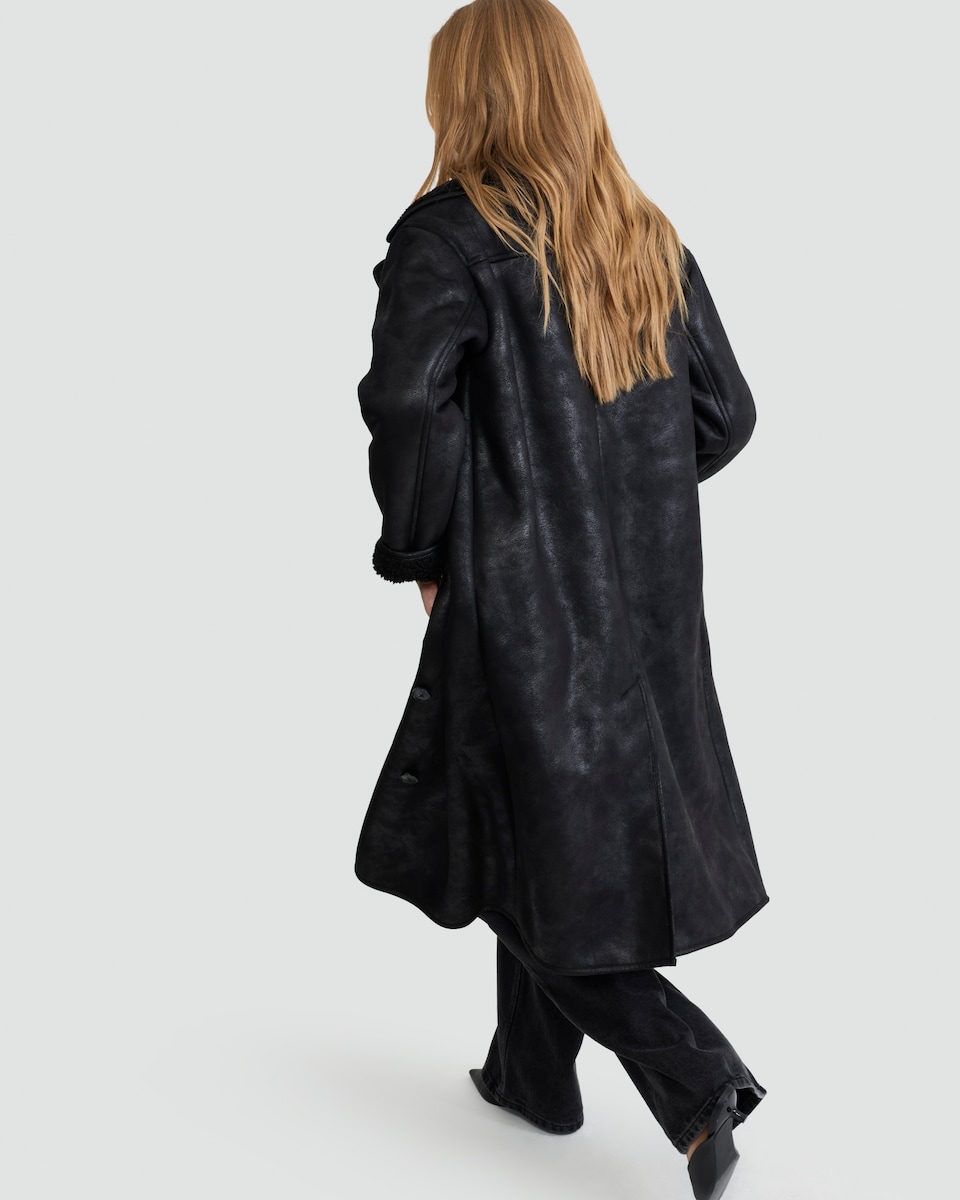 image 1 of F&F Faux Leather Shearling Collar Longline Coat in Black