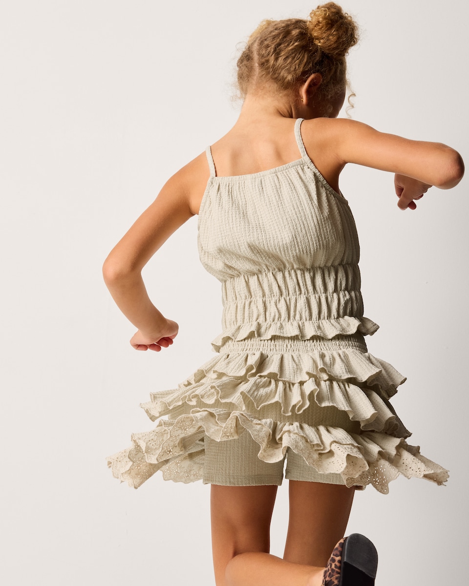 image 1 of F&F Girls 2-Piece Crinkle Textured Top and Tiered Skirt Set in Neutral