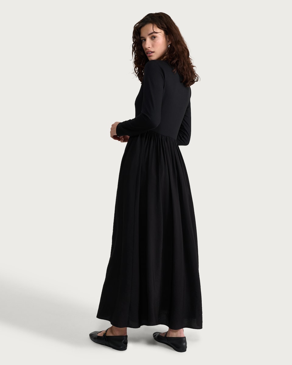 image 1 of F&F Gathered Waist Long Sleeved Midi Dress in Black