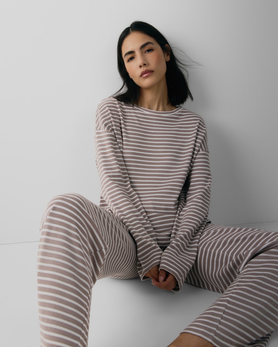 image 1 of F&F Waffle Textured Striped Pyjama Set in Neutral