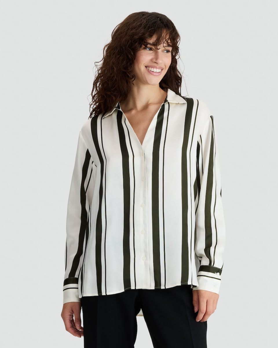 image 1 of F&F Satin Stripe Print Button Up Shirt in Khaki