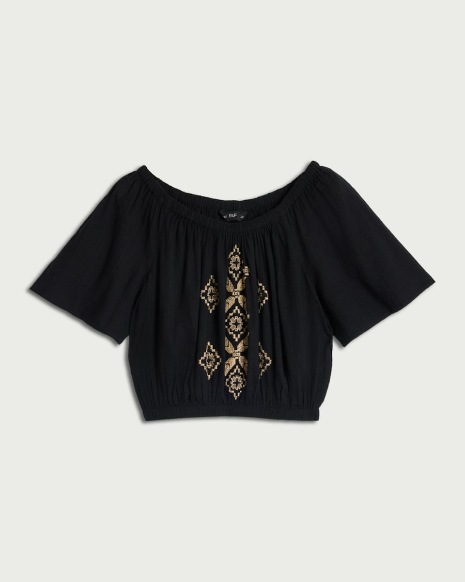 image 1 of F&F Cotton Rich Embroidered Beach Blouse in Multi Black