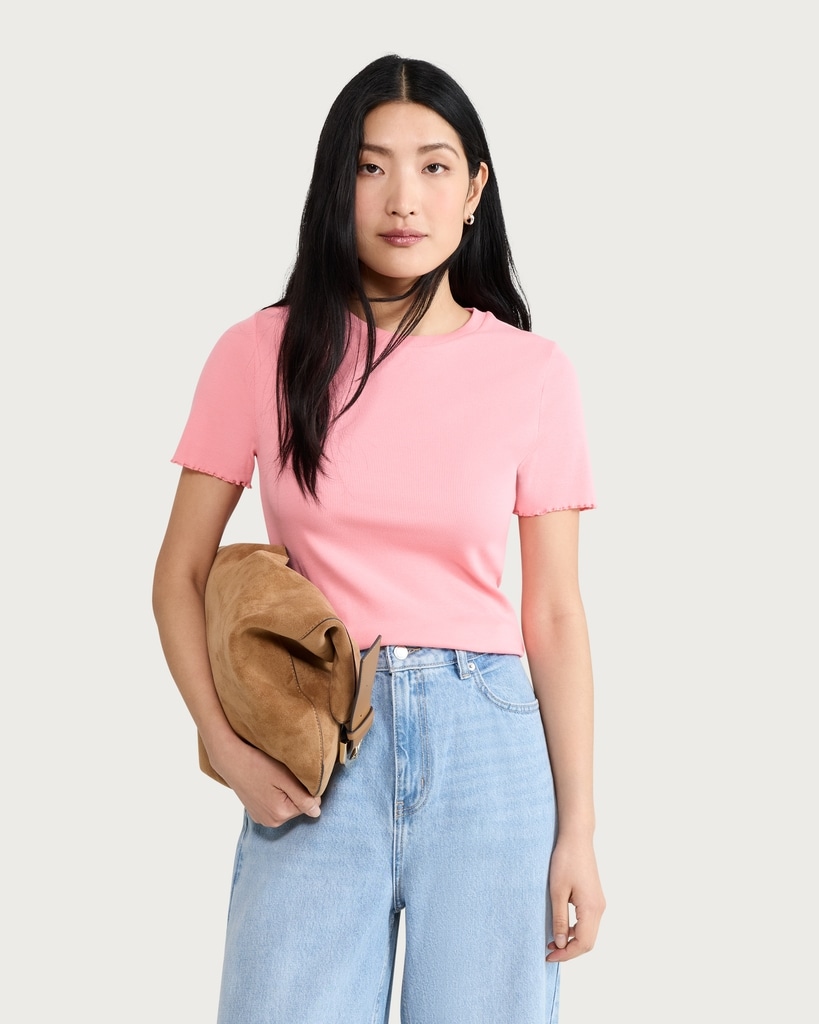 F&F Cotton Rich Lettuce Edge T-Shirt in Pink - Tesco Groceries