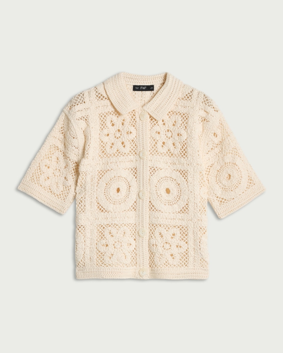 image 1 of F&F Cotton Rich Open Knit Cardigan in Neutral