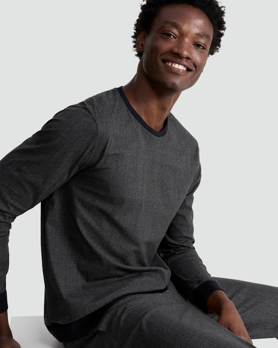 image 1 of F&F Fleece Herringbone Print Top and Joggers Pyjamas in Grey