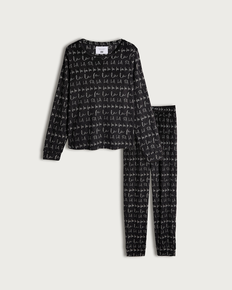 image 1 of F&F Fleece La La La Print Top and Bottoms Pyjamas in Black