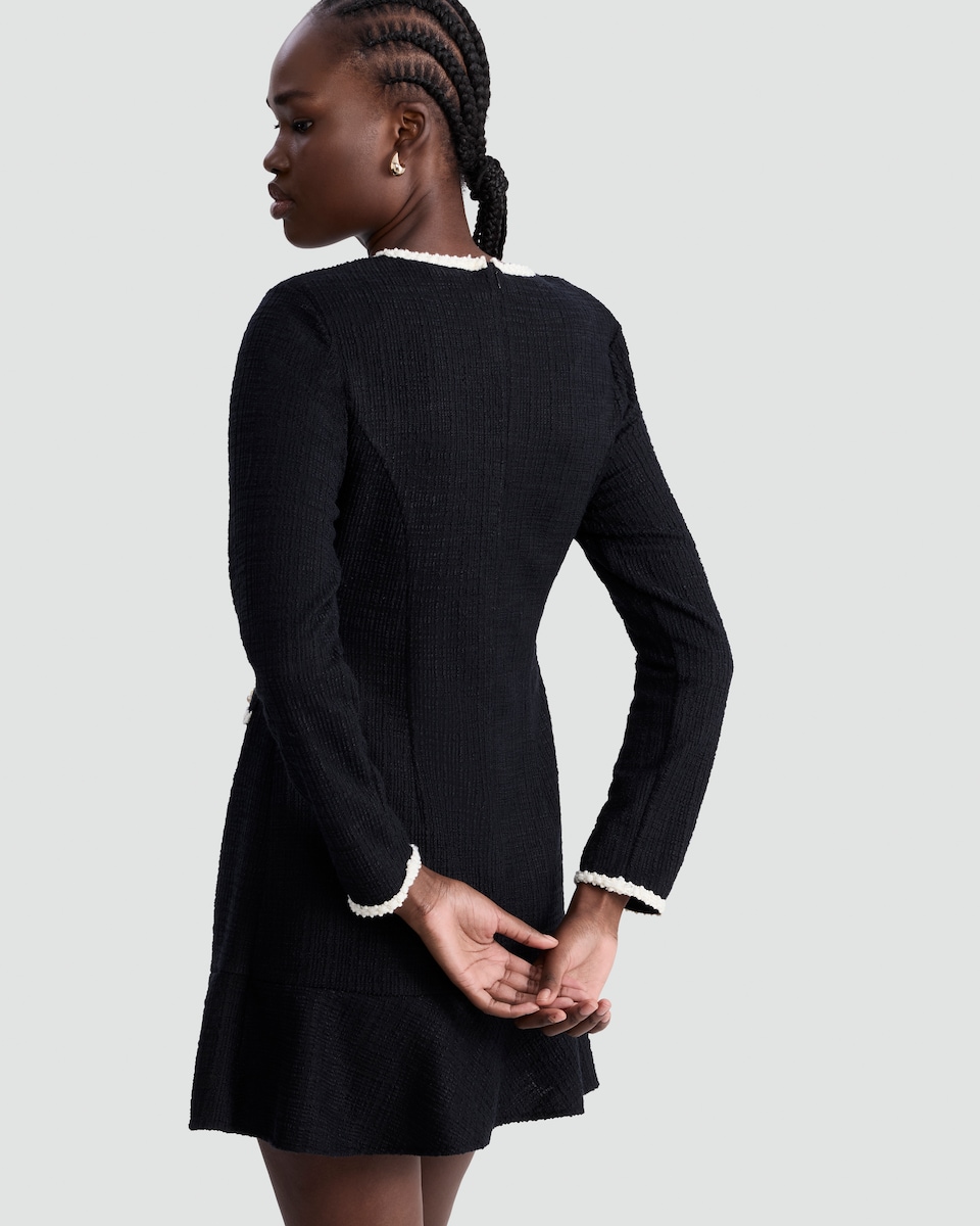image 1 of F&F Boucle Textured Contrast Trim Long Sleeved Dress in Black