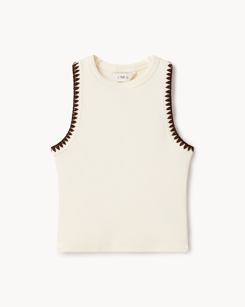 image 1 of F&F Girls Cotton Rich Ribbed Contrast Vest in Cream