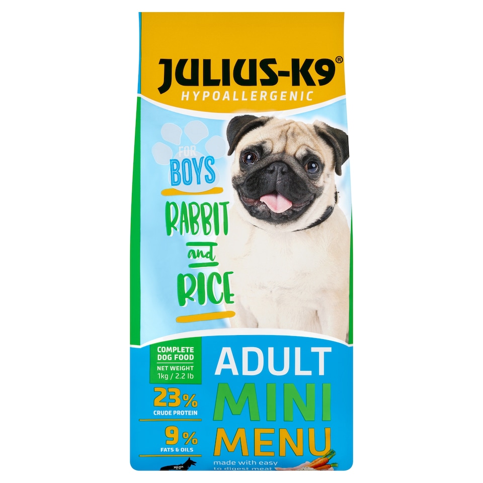 Julius-K9 Hypoallergenic Adult Light for Boys nyúl-rizs teljes értékű kutyaeledel 1 kg