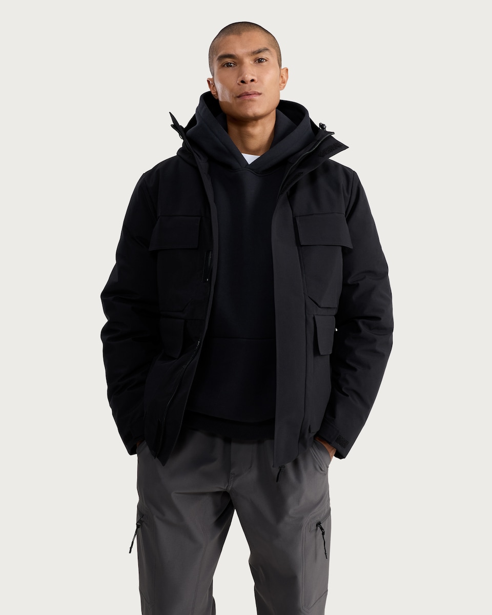 image 1 of F&F Hooded Pocket Front Utility Coat in Black