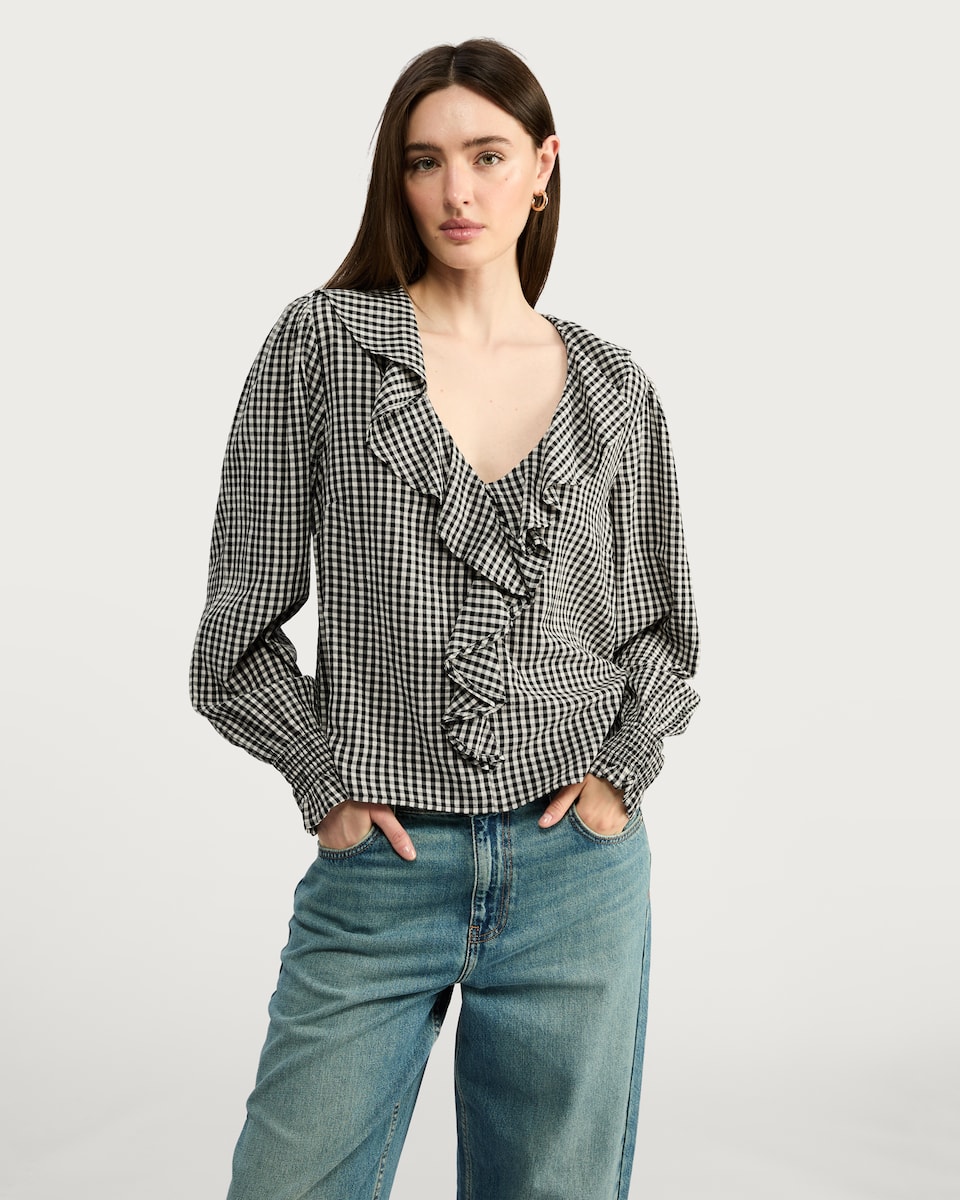 image 1 of F&F Cotton Blend Gingham Ruffle Blouse in Multi Black White